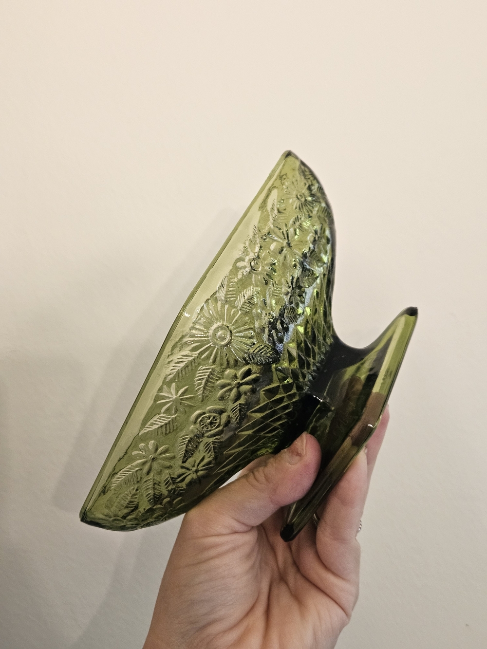 Vintage Indiana Glass Avocado Green Floral Pressed Glass Pedestal Bowl